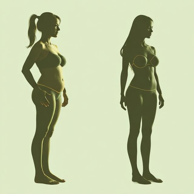 Silhouette comparison of a woman's body transformation showing the results of body contouring or weight loss treatments against a light green background.