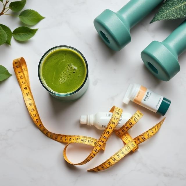 Top-down view of a green juice glass, teal dumbbells, and a yellow measuring tape on a white marble surface.