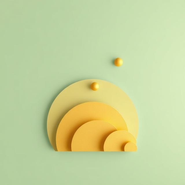Abstract minimalist art featuring yellow semicircles and spheres against a sage green background, representing balance and growth.