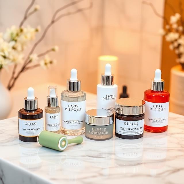 A variety of high-end skincare serums and creams in glass jars with silver lids, accompanied by a green jade face roller on marble.